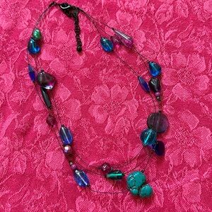 Chico's black wire w glass beads and Green turquoise Necklace 24” adjustable